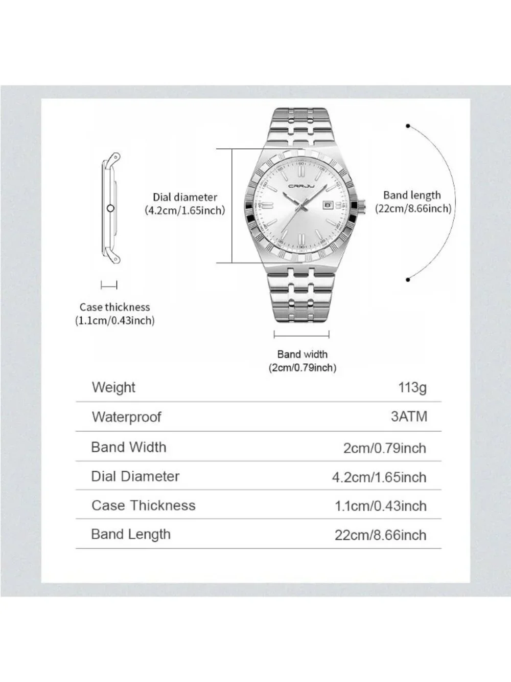 Crrju Men's White Luxury Luminous Analog Quartz Classic Calendar Silver Watch